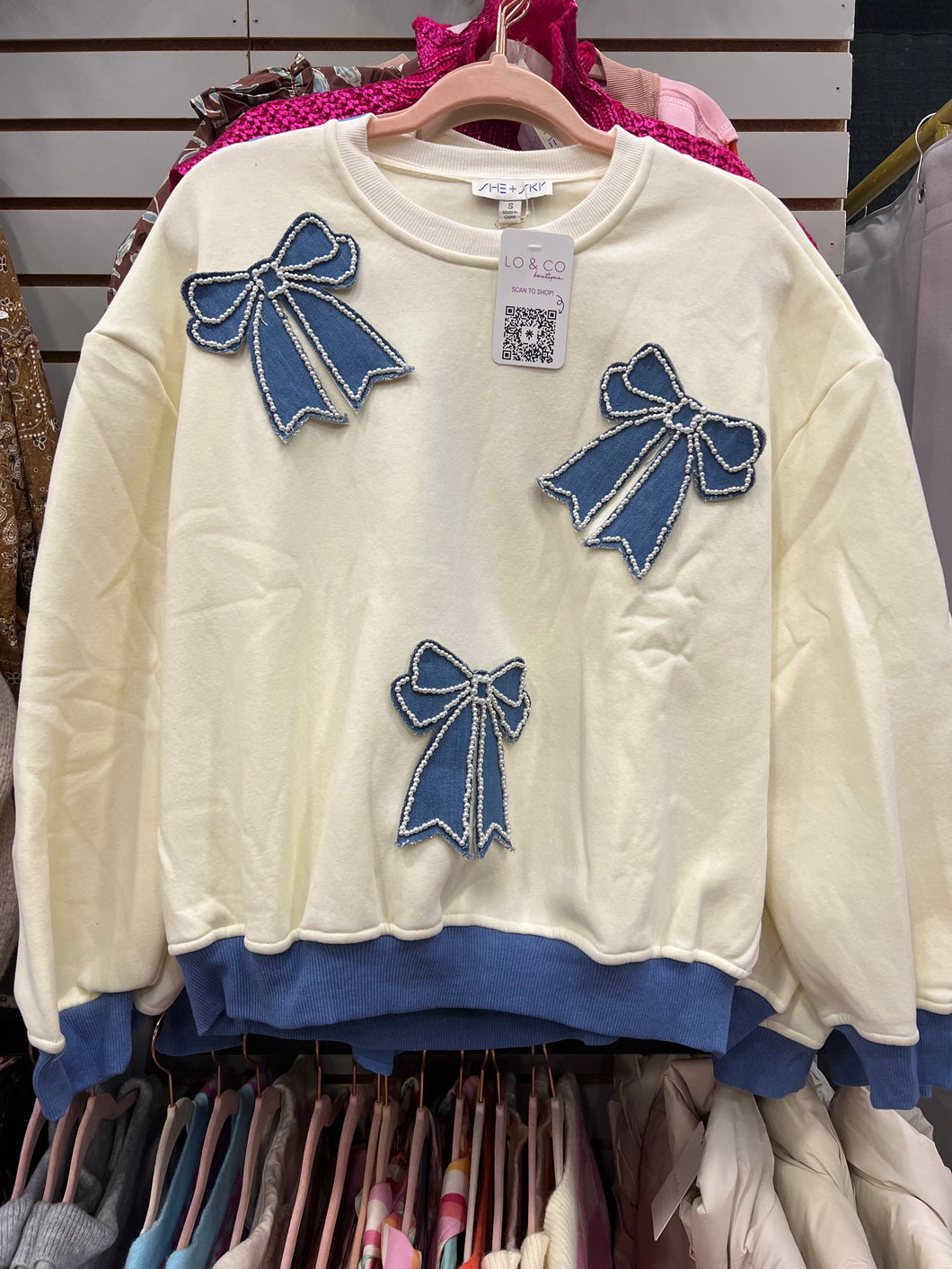 Denim Bow Cream Sweatshirt