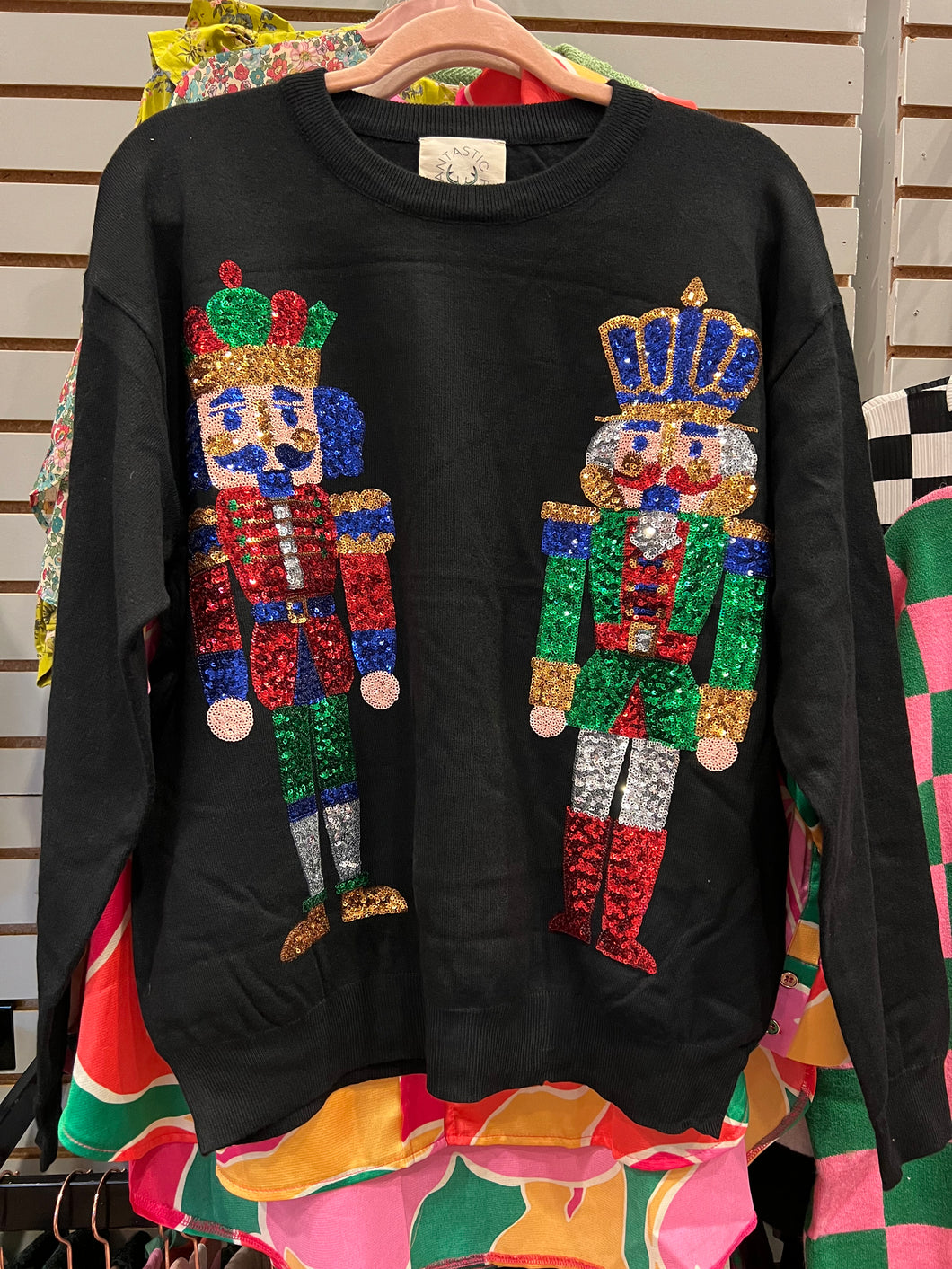 Red and Green Sequin Nutcracker Oversized Black Sweater