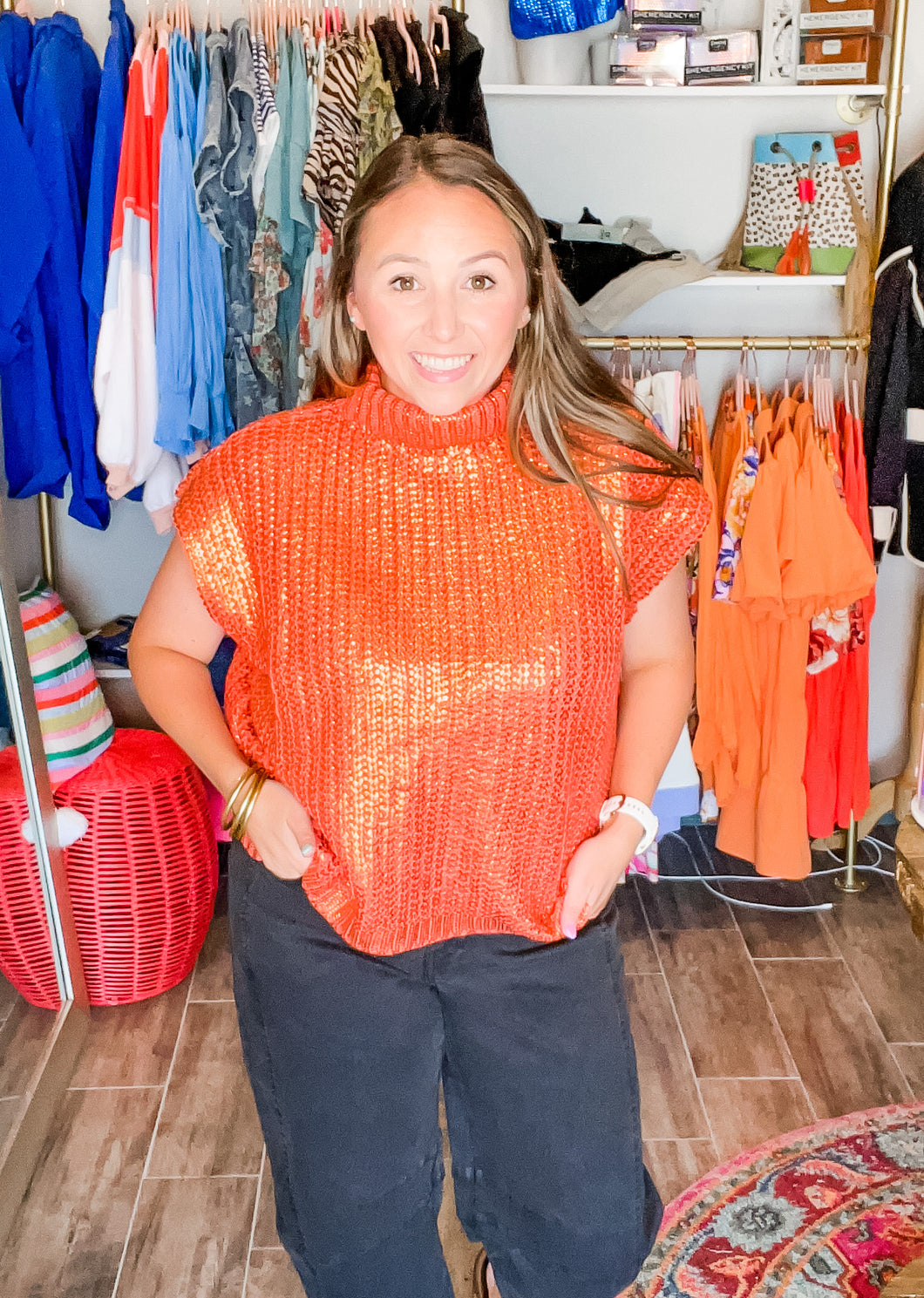 Orange Metallic Sweater Top