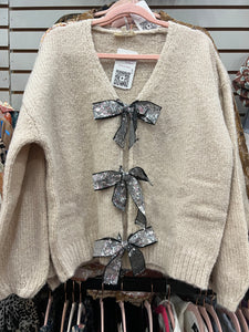 Silver Sequin Bow Ecru Cardigan