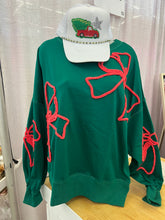 Load image into Gallery viewer, Christmas Bows Embossed Oversized Sweatshirt- Green
