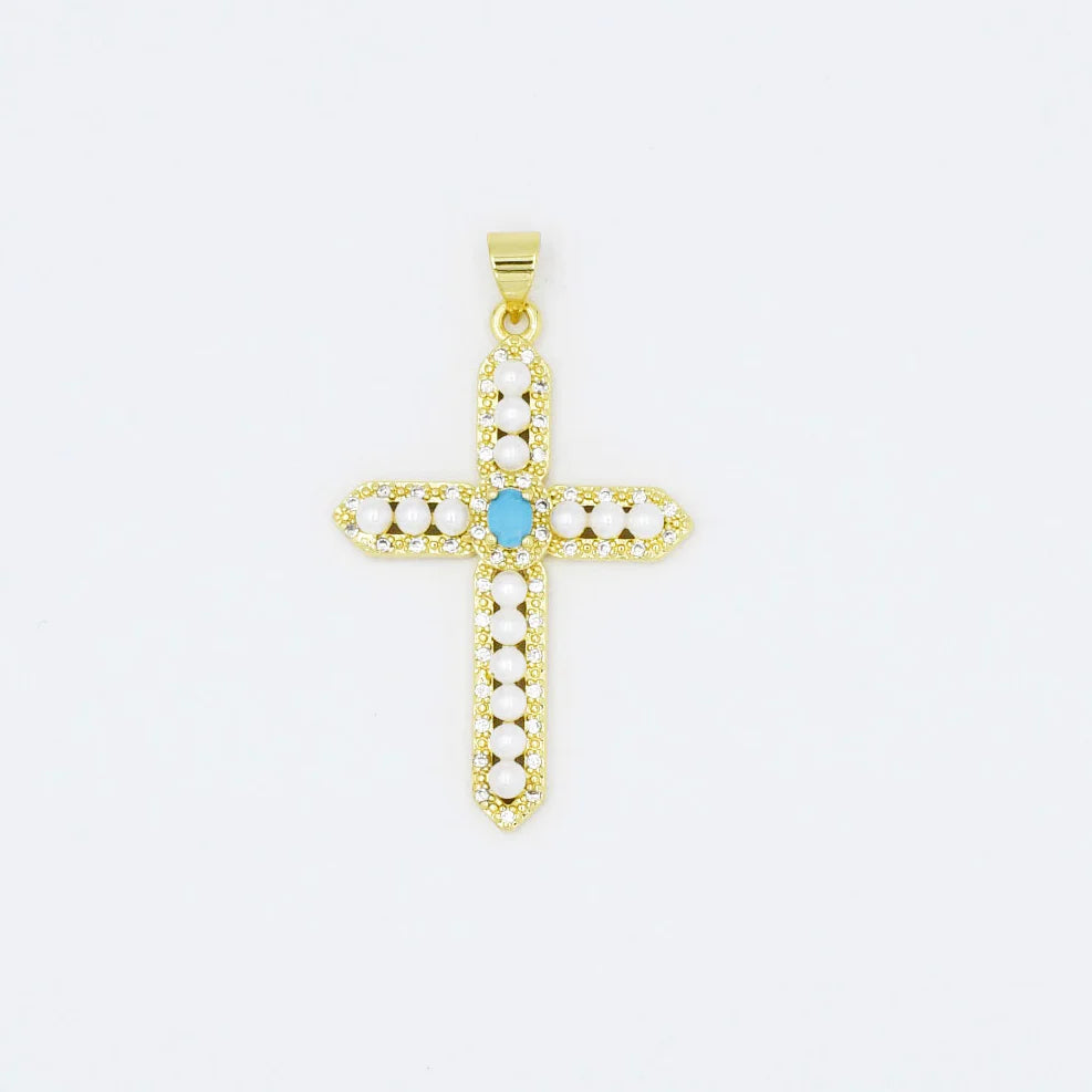 Turquoise Pearl Cross Charm