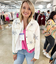 Load image into Gallery viewer, Rhinestone stars white denim jacket
