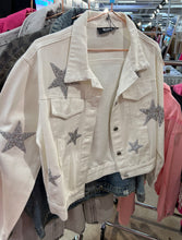 Load image into Gallery viewer, Rhinestone stars white denim jacket
